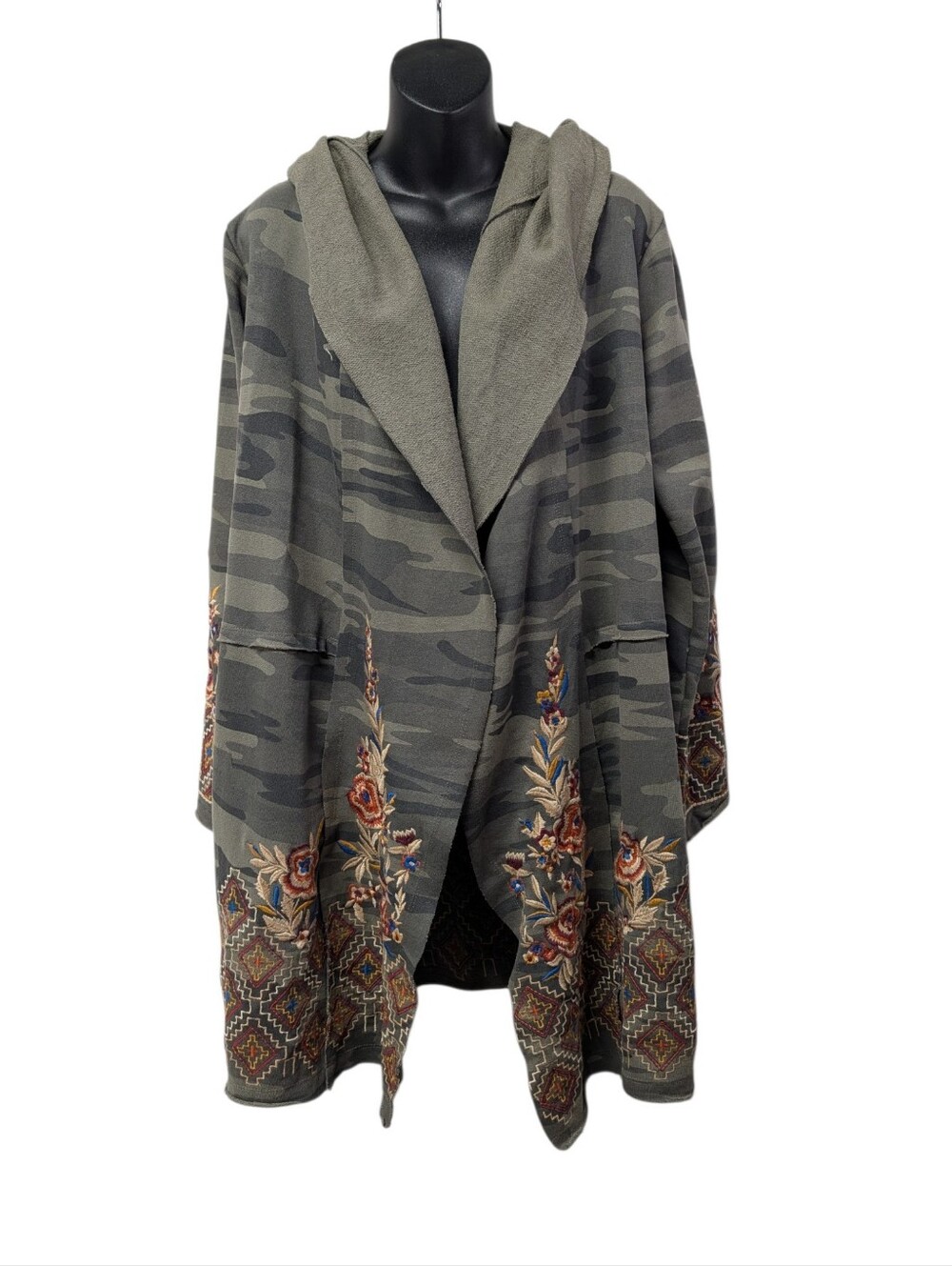 Caite Women's Green Hooded Open Front Embroidered Camo Mid-Length Jacket sz M
